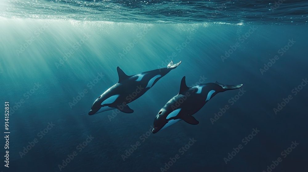 Obraz premium Orca whales swimming together in the vast ocean, showcasing the beauty and grace of these powerful creatures.