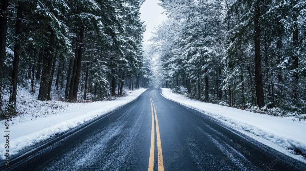 A picturesque road through a snowy forest, with a peaceful, wintery scene and ample space for a message. A picturesque road through a snowy forest, with a peaceful, wintery scene and ample space for a message.