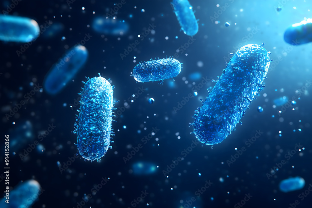 Abstract 3D render of microscopic bacteria, and human cells on blue background. Generative Ai. Abstract 3D render of microscopic bacteria, and human cells on blue background. Generative Ai.