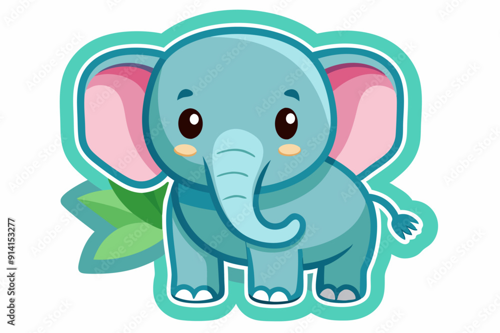 Cartoon Illustration of a Blue Elephant with Pink Ears and Green Leaves Cartoon Illustration of a Blue Elephant with Pink Ears and Green Leaves