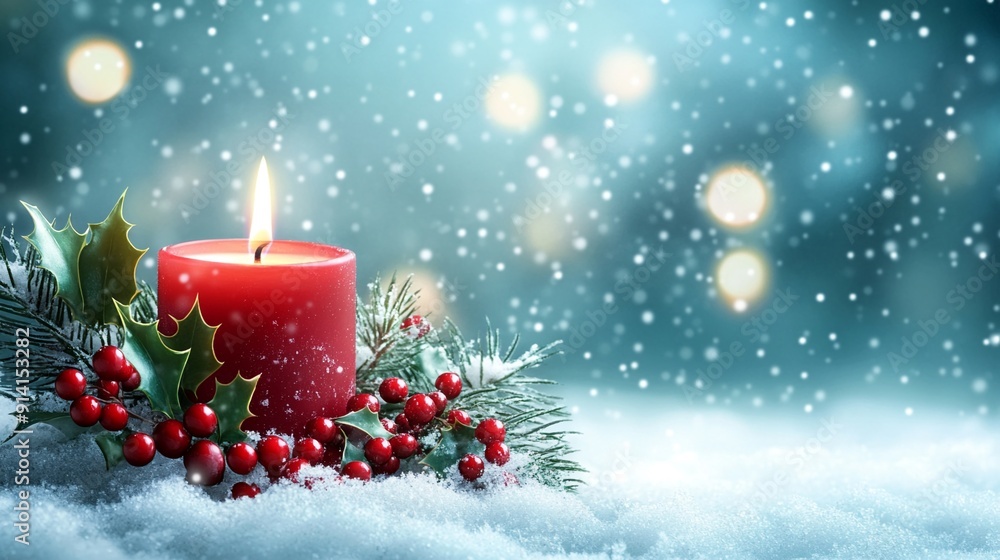 A Christmas candle with holly berries on a snowy background A Christmas candle with holly berries on a snowy background
