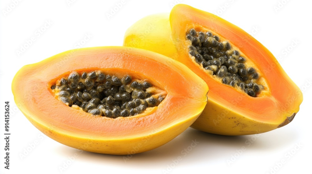 A ripe, golden papaya with a section cut out, displaying its juicy interior and black seeds, on a white background. A ripe, golden papaya with a section cut out, displaying its juicy interior and black seeds, on a white background.