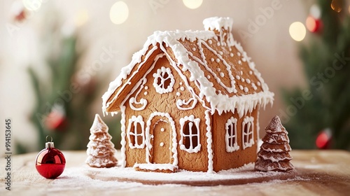 A gingerbread house with icing decorations on a festive holiday background