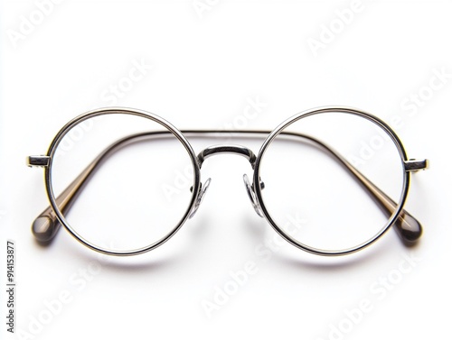 A pair of silver reading glasses on a white background
