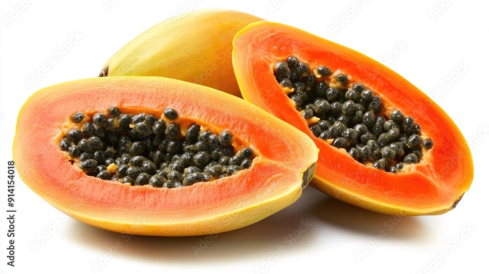 A ripe papaya, sliced open to reveal its bright orange flesh and black seeds, against a white background. A ripe papaya, sliced open to reveal its bright orange flesh and black seeds, against a white background.