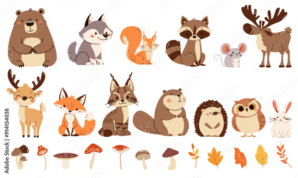 Set of flat vector illustrations. Forest animals, bear mouse hare elk deer hedgehog fox squirrel raccoon beaver lynx owl mushrooms, fall leaves . Vector illustration Set of flat vector illustrations. Forest animals, bear mouse hare elk deer hedgehog fox squirrel raccoon beaver lynx owl mushrooms, fall leaves . Vector illustration