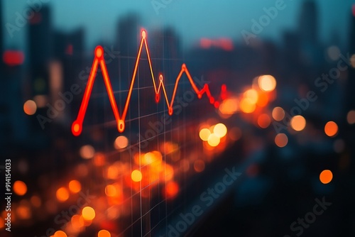 A red line graph showing a decline on a blurred urban landscape background