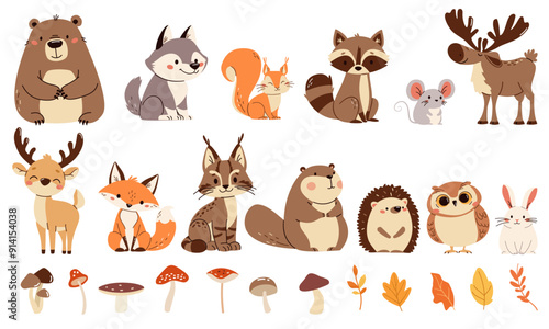 Set of flat vector illustrations. Forest animals, bear mouse hare elk deer hedgehog fox squirrel raccoon beaver lynx owl mushrooms, fall leaves . Vector illustration