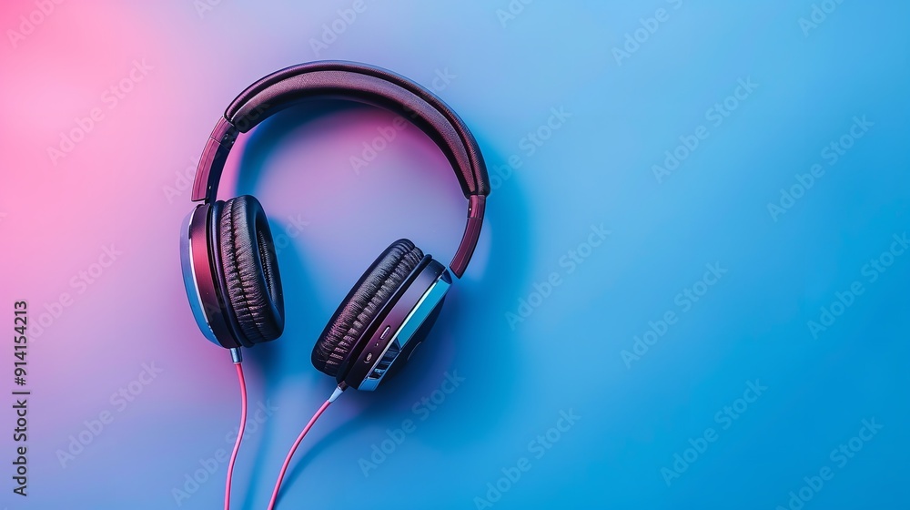 An image of headphones seen from above set against a pink-tinted blue background would make a fantastic copy space image, Generative AI. An image of headphones seen from above set against a pink-tinted blue background would make a fantastic copy space image, Generative AI.