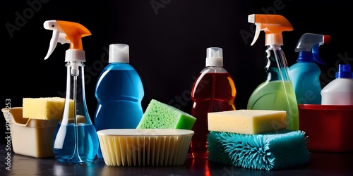 A vibrant arrangement of cleaning supplies, including brushes, sponges, spray bottles, and mops, set against a dark background, highlighting various cleaning products.