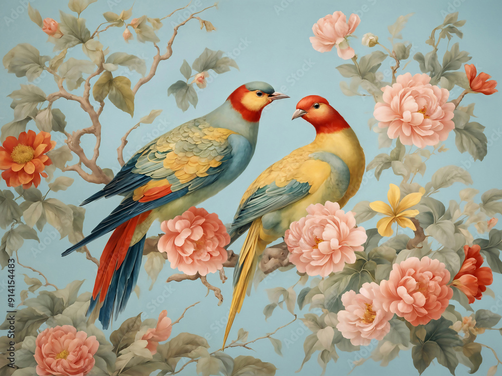 Obraz premium Floral Art. Peony Blossoms and colorful birds. Delicate floral motifs in soft pastel tones. Soft-textured watercolor technique. Oriental Style