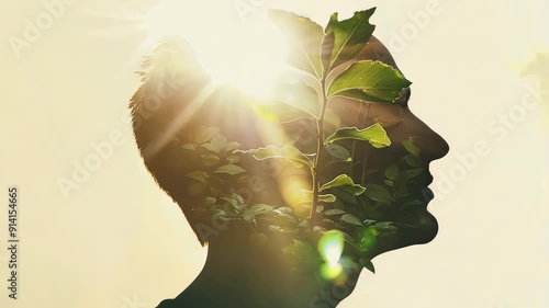 Silhouette of a head with plants and sunlight, nature and mental health concept