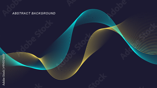 Abstract dynamic lines on dark background. Modern yellow and blue flowing wave lines. Futuristic technology concept. Vector illustration