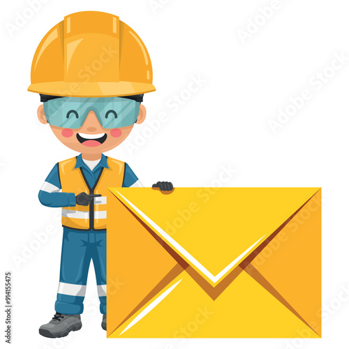 Industrial engineer with reflective safety vest, coverall and helmet with letter envelope for email. Concept of communication, notification and contact. Industrial safety and occupational health