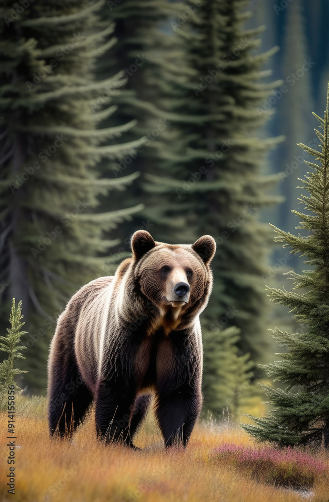 powerful grizzly bear in forest. wild life of North American nature, predator in its natural habitat powerful grizzly bear in forest. wild life of North American nature, predator in its natural habitat