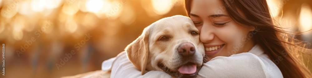 A woman is hugging a dog. The dog is wagging its tail A woman is hugging a dog. The dog is wagging its tail