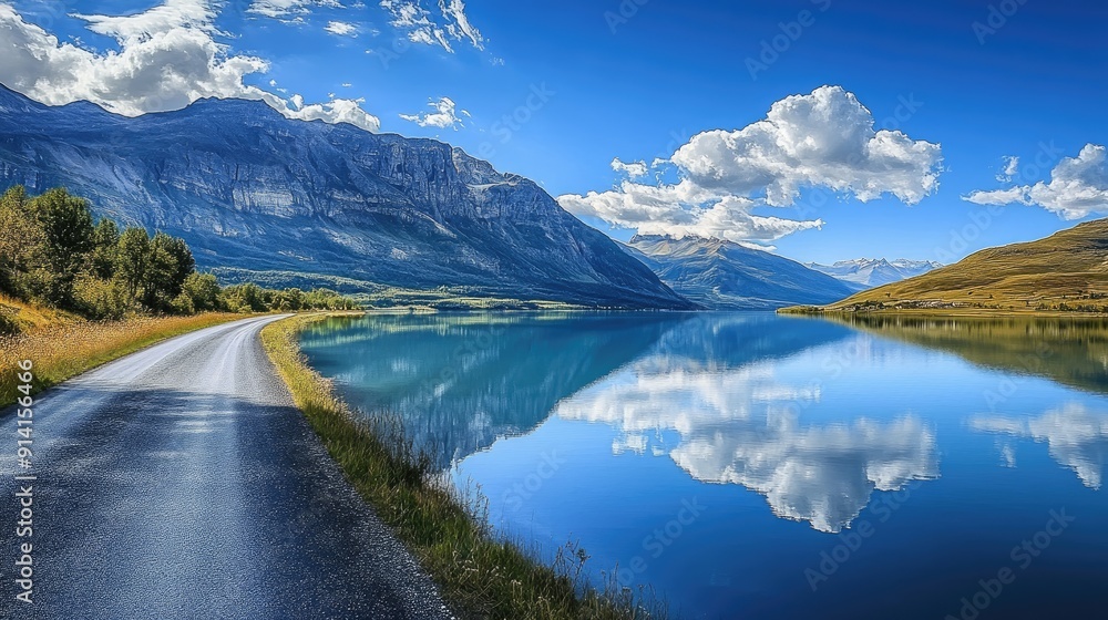 Fototapeta premium A scenic road along a mountain lake, with reflections and a clear area for a peaceful message.