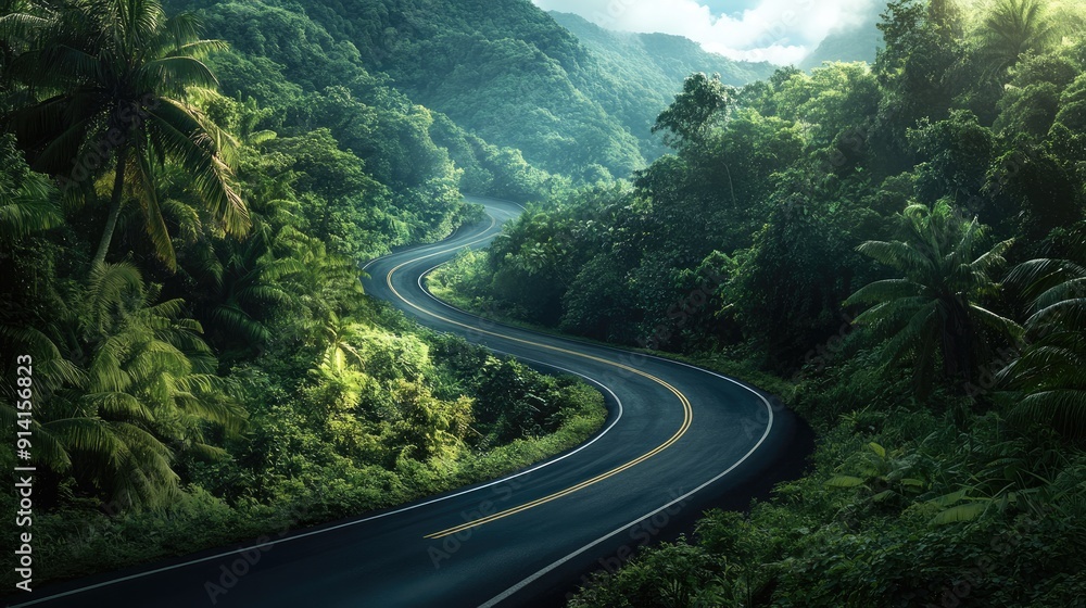 A scenic road through a lush rainforest, with a sense of adventure and space for a nature-themed message. A scenic road through a lush rainforest, with a sense of adventure and space for a nature-themed message.