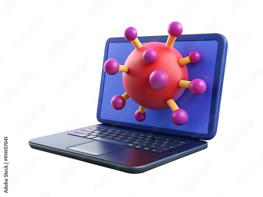 3D rendering of virus on laptop. Concept of computer virus protection and destruction. 3D rendering of virus on laptop. Concept of computer virus protection and destruction.