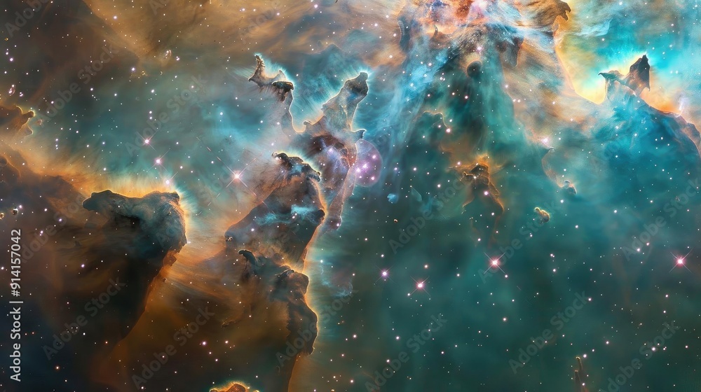 Obraz premium A stunning cosmic scene showcasing vibrant nebulae and star formations, capturing the beauty of the universe in vivid detail.