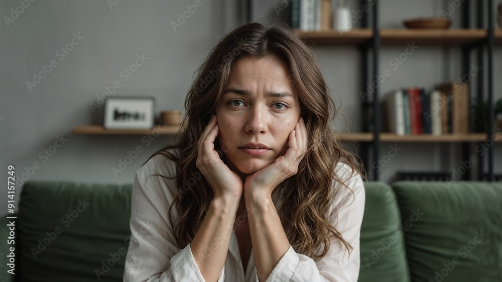 Sad Woman Sitting on Couch - Realistic Photo Sad Woman Sitting on Couch - Realistic Photo