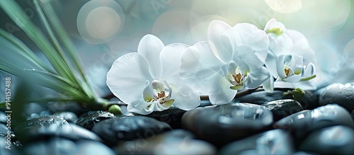 White orchid displayed on rocks spa theme with a copy space image photo