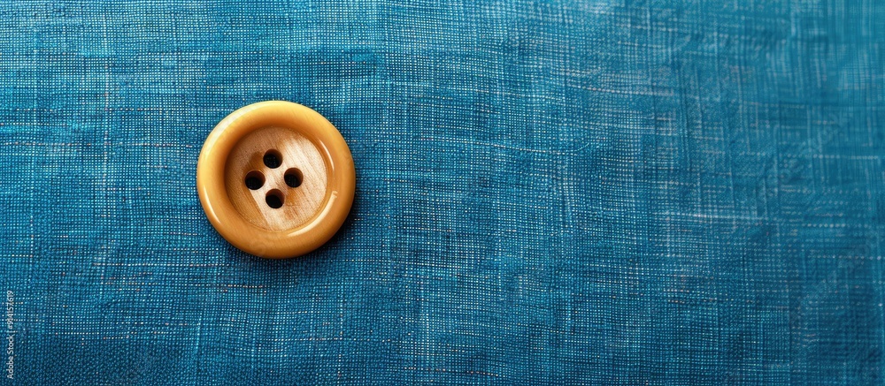 Sewing a button onto a blue fabric swatch background with copy space image Sewing a button onto a blue fabric swatch background with copy space image
