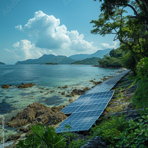 Solar power modules on a coastal area, generating renewable energy from sunlight, Solar Power Modules Power Generation, Coastal Green Energy photo