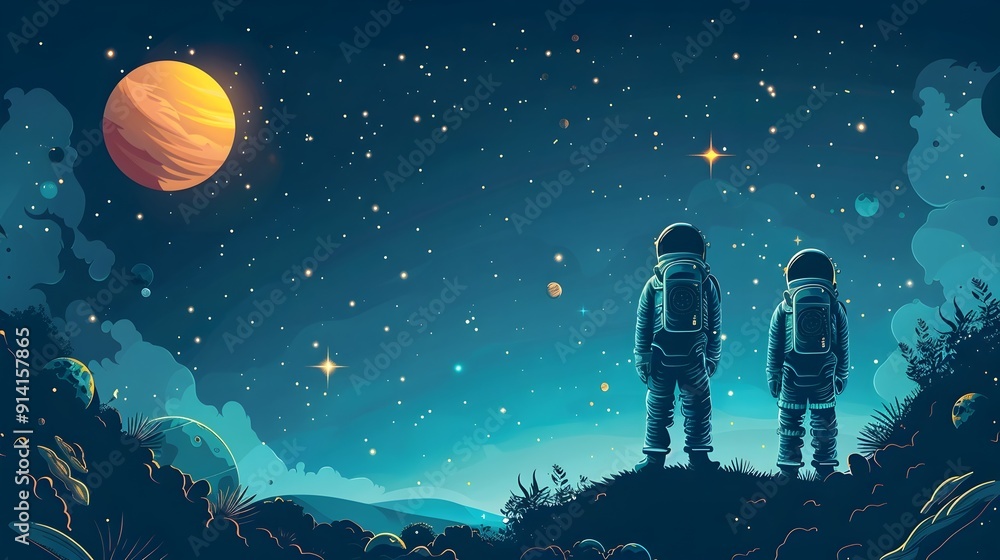 Space with Astronauts and Interstellar Planets in Starry Night Sky Space with Astronauts and Interstellar Planets in Starry Night Sky