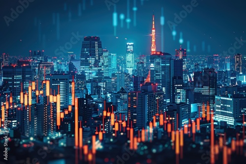 Tokyo Skyline with Stock Market Charts at Night