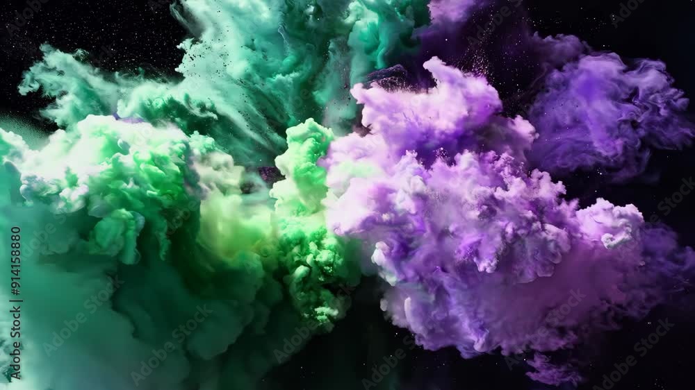 Colorful smoke explosion with purple and green clouds on a black background, abstract art. Creativity and imagination concept Colorful smoke explosion with purple and green clouds on a black background, abstract art. Creativity and imagination concept