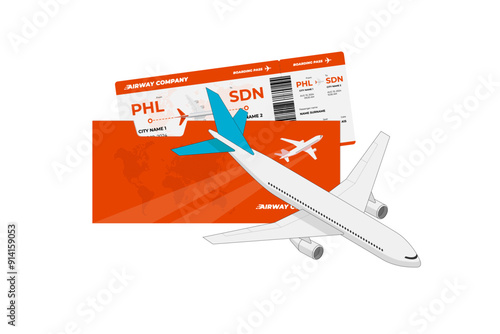 Passenger plane flying above airplane red ticket. Air travel boarding pass sign concept. Flight tourism journey booking icon. Airways company document isolated symbol
