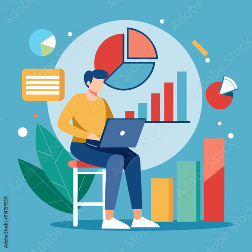 person sitting on a bar chart while using vector illustration