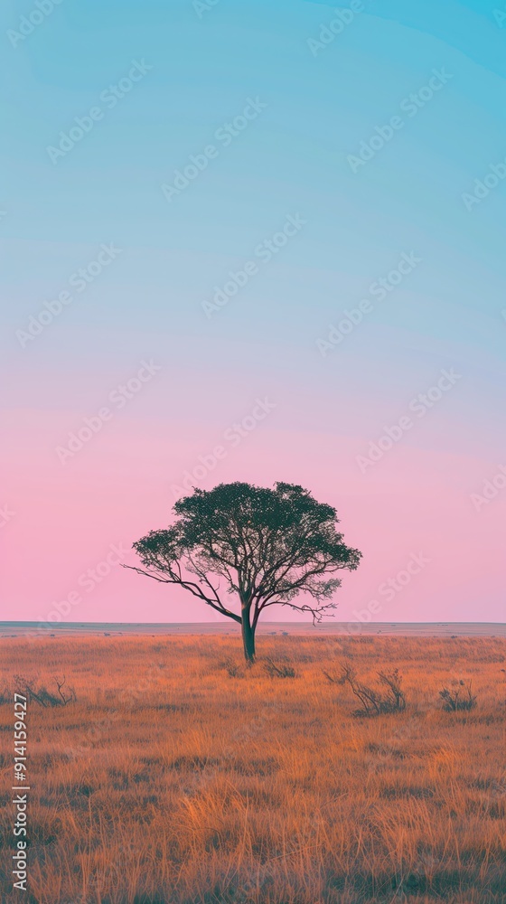 acacia tree in the savannah, with a clear sky and a pinkish tint on one side acacia tree in the savannah, with a clear sky and a pinkish tint on one side
