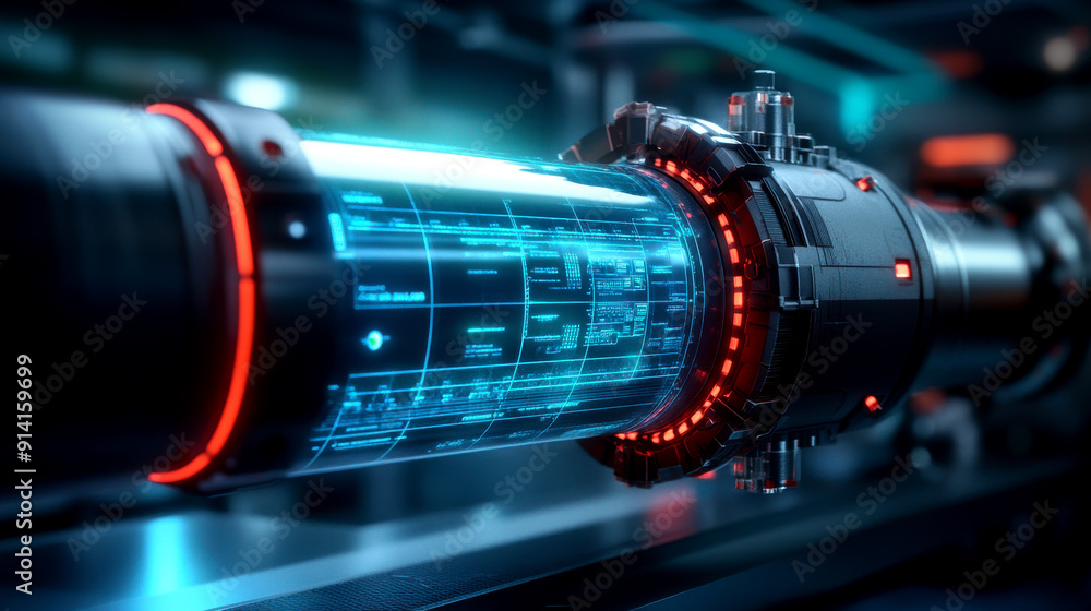 A futuristic, glowing blue and red energy tube with digital data flowing through it. The image evokes technology, innovation and the future. A futuristic, glowing blue and red energy tube with digital data flowing through it. The image evokes technology, innovation and the future.