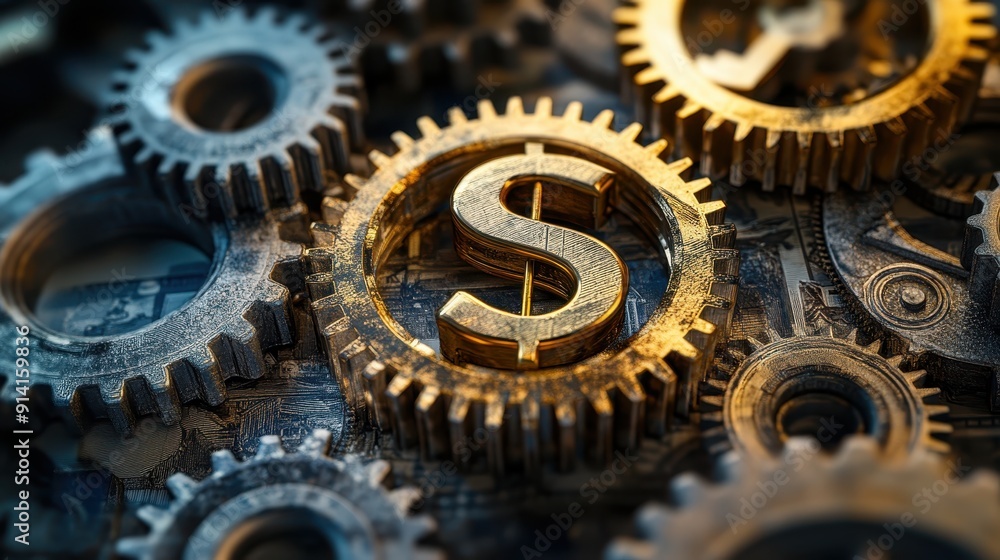 Golden Dollar Sign Inside Cogs Golden Dollar Sign Inside Cogs