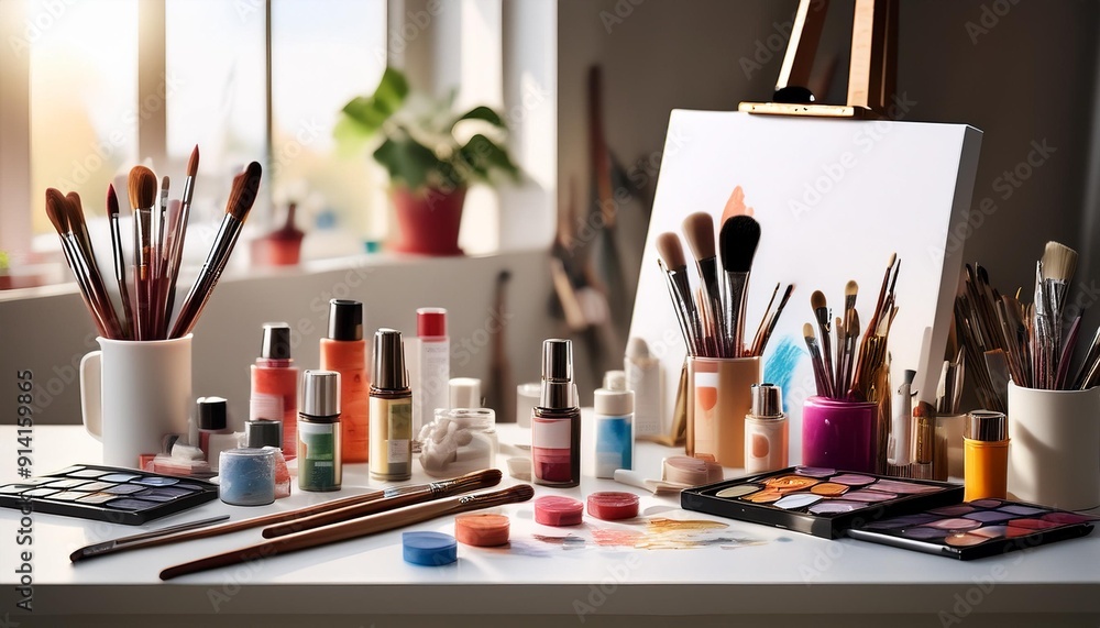 Colorful cosmetics scattered on an artist’s table with paintbrushes and sketches. Colorful cosmetics scattered on an artist’s table with paintbrushes and sketches.