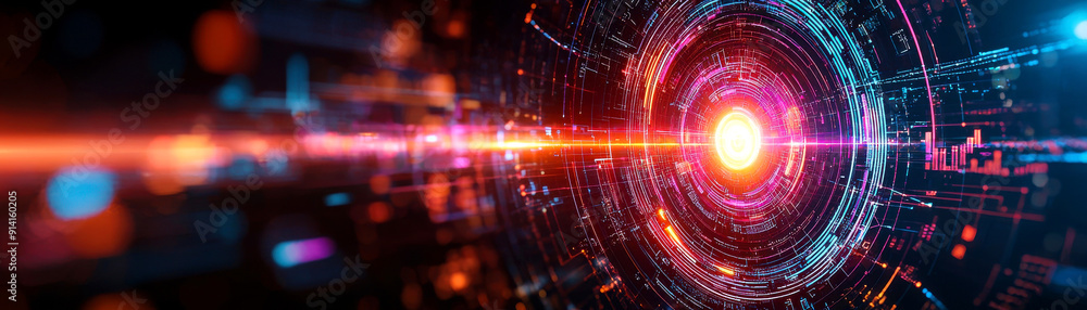 Fototapeta premium Abstract digital art with a glowing red core and light beams.