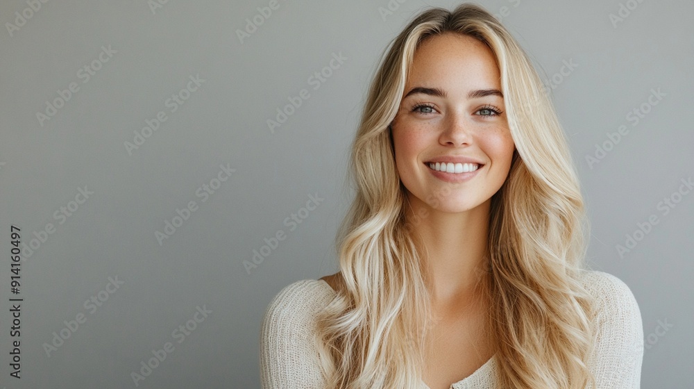 Radiant blonde woman with a warm, genuine smile against a neutral background, exuding confidence and positivity in a casual white sweater. Radiant blonde woman with a warm, genuine smile against a neutral background, exuding confidence and positivity in a casual white sweater.