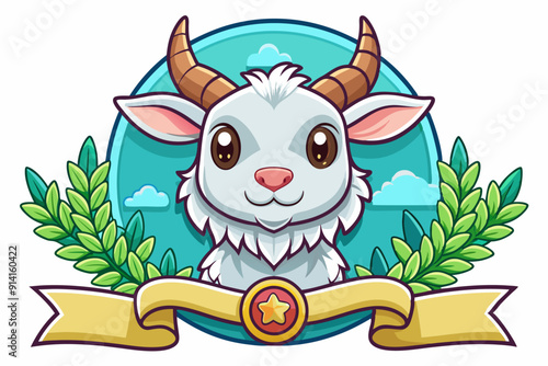 Cartoon White Goat with Horns and a Ribbon