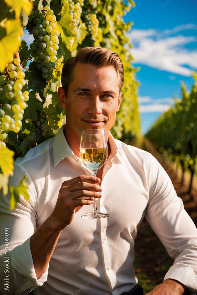 Fototapeta premium An elegant middle-aged, 40s man tastes white wine from a glass. Generated AI