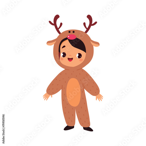 Girl Character in Reindeer Costume Celebrate Christmas Holiday at Winter Vector Illustration
