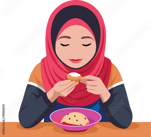 Young woman wearing hijab enjoying delicious kue ape