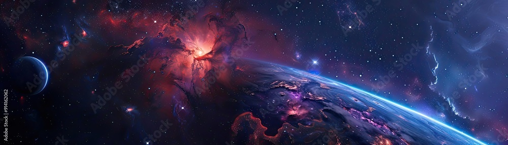 Obraz premium A mesmerizing cosmic scene featuring vibrant nebulae, distant stars, and a colorful planet, capturing the beauty of the universe.