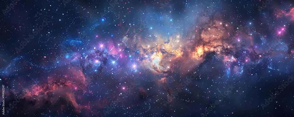 Naklejka premium Breathtaking cosmic scene featuring vibrant galaxies, stars, and nebulae, showcasing the beauty of the universe in vivid colors.