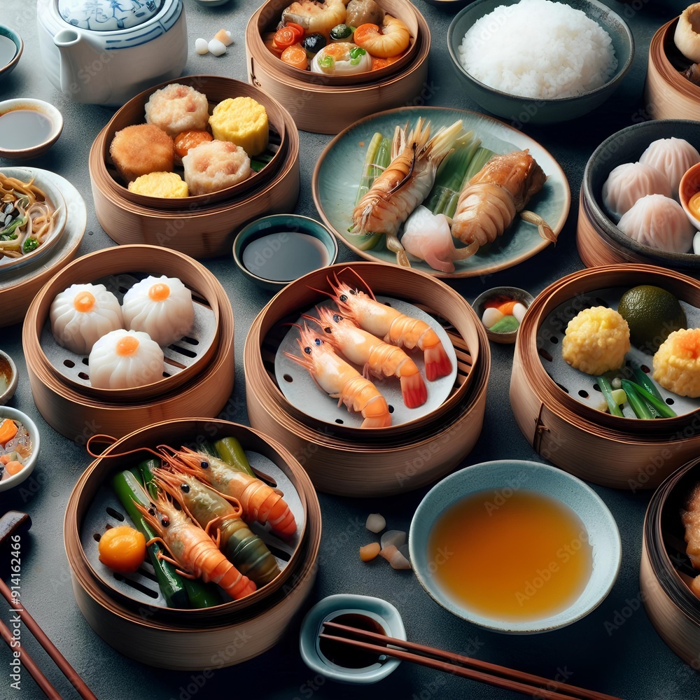 Dim sum food with many asian dishes. Dim sum food with many asian dishes.