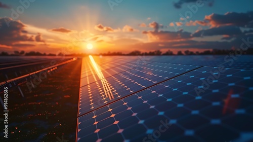 Solar farm with reflective panels, generating electricity under bright sunlight, Sunlight Photocells Electricity, HighEfficiency Solar Energy photo