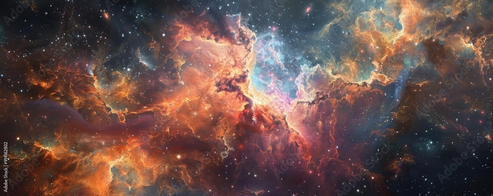 Obraz premium Stunning cosmic scene showcasing vibrant nebulae and stars against a dark expanse of space. Perfect for astronomy enthusiasts.