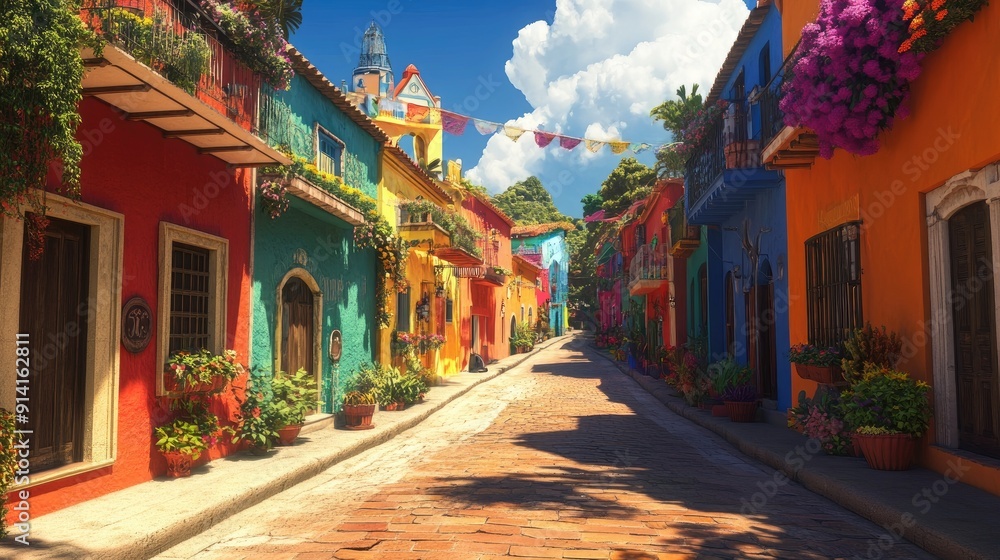 Fototapeta premium A vibrant street in a colorful South American town, with lively architecture and space for a cultural message.