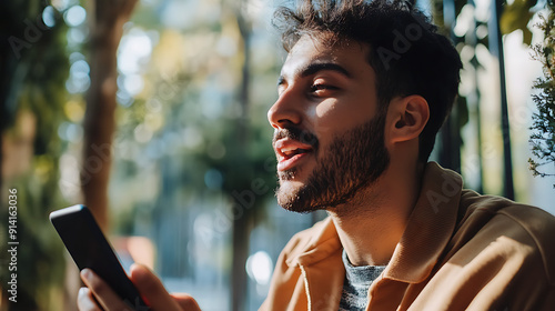 An adult learning a new language on a mobile app, focused on the screen and practicing pronunciation 